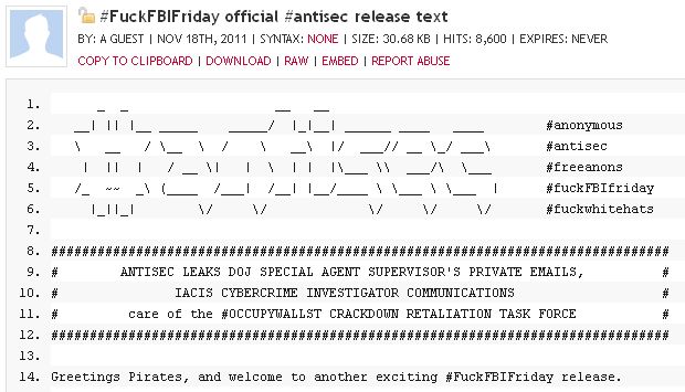#FuckFBIFriday official #antisec release text