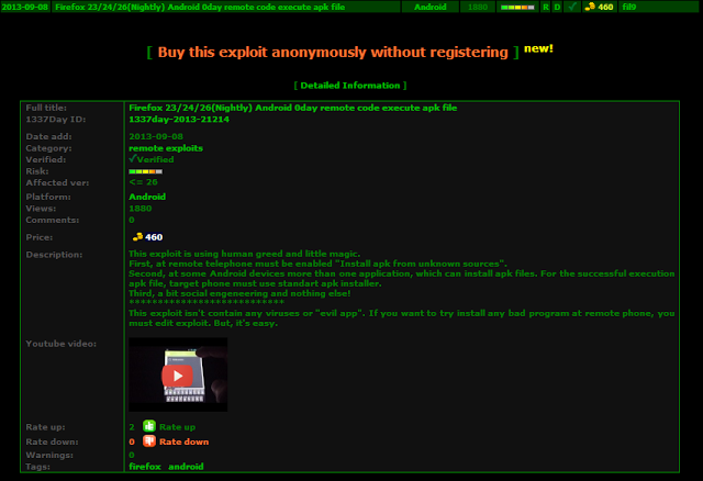 Android Firefox Zero-Day Exploit for sale